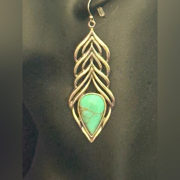 Long Silver Tone Earrings Faux Turquoise Teardrop Stone Cutout Design 1982 G - Picture 3 of 8